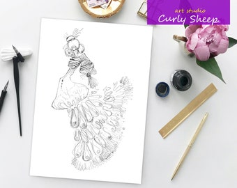 Cute Lady in the Dress - A4 Paper Print of Handmade Pen Drawing, Fashion Wall Art Girl Female Print