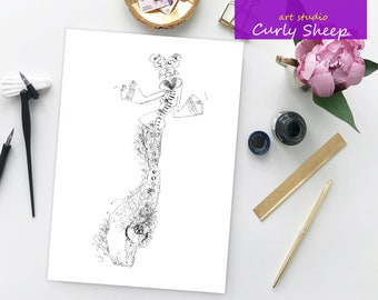 Beautiful Dancing Lady - A4 Paper Print of Handmade Pen Drawing, Wall Art Female Print Fancy Fashion Girl