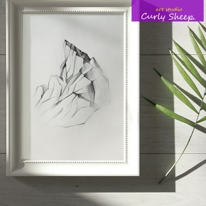 Mountain Pencil Drawing A4, Mountain Wall Art, Mountain Pencil Sketch, Mountain Original Drawing, Rocks Drawings, Pencil Wall Art