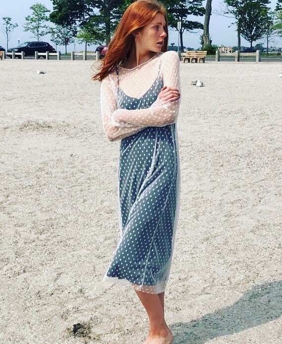 sheer dot dress Chiffon sheer polka dot print backless long dress - Black - L