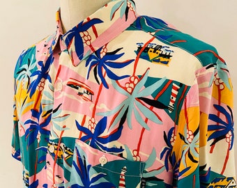 Retro Tropical Print Rayon Voile Short Sleeve Button Up Shirt