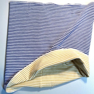 May include: A reversible fabric headband with blue and white stripes on one side and yellow and white stripes on the other side.