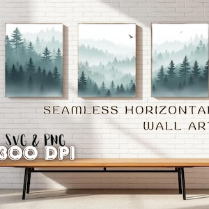 Dreamy Forest Layers Triptych | Seamless Horizontal Printable Wall Art | Misty Mountain Landscape | Minimal Nature Decor for Living Room