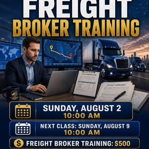 Puede incluir: Un folleto promocional de la Transportation Connect Training Academy con una persona trabajando en un portátil. El texto incluye Freight Broker Training, domingo 2 de agosto a las 10:00 AM, 9 de agosto, precios y tuctrucking@gmail.com.