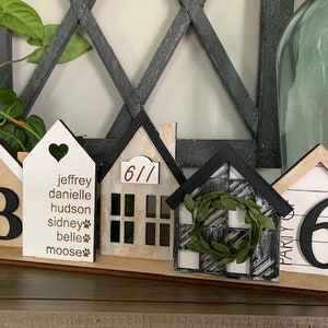 Personalized Tiny Homes Shelf Sitter; Custom Home Sign, Custom Standing House Centerpiece, Farmhouse Decor, Personalized Family Signs