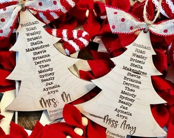 May include: Two wooden Christmas tree ornaments with names of children and the text "Mrs. M Preschool 2022-2" and "Miss Amy Preschool 2022-2023". The ornaments are decorated with red and white striped fabric and a white ribbon with red polka dots.