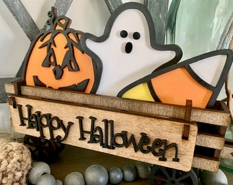 Happy Halloween Wagon Insert Set, Raised Shelf Insert Set, Interchangeable Decor, Candy Corn, Ghost, Pumpkin Decor, Fall Decor, Mantle Decor