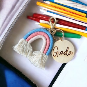 Personalized Rainbow Macrame Bag Tag, Backpack Name Tag, Backpack Accessories, Rainbow Keychain