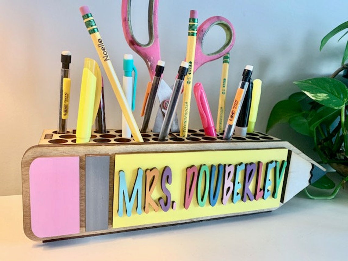Teacher Wooden Pencil Scissors & Pen Holder Teacher Gift Etsy