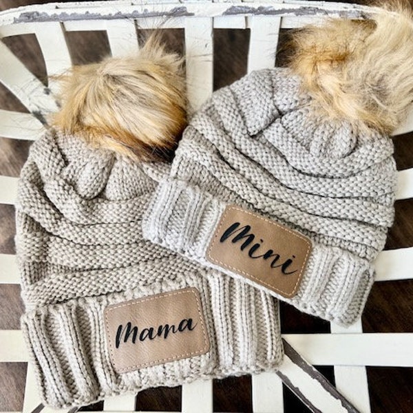 Mama & Mini Matching Hat Set, Pom Pom Hats WIth Engraved Leatherette, Beanie Hat Set, Gift for Mom