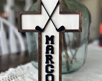 Personalized Golf Cross, Boys Baptism Gift, Christening Gift, Gift from Godparent, Golf Art, Boys First Communion Gift