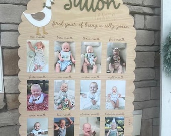 One Silly Goose First Birthday Photo Board | Personalized Monthly Milestone Display | 12 Photo Holder | Goose Theme Party Decor