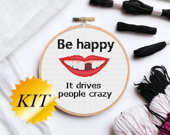 Funny 'Be Happy' Cross Stitch Kit: Easy Beginner Craft