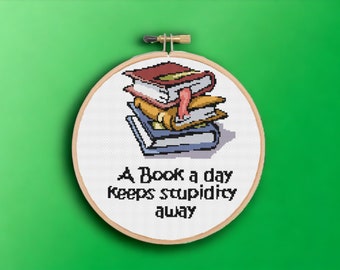 Kruissteekpatroon boekenwurm: stapel boeken, grappig citaat (pdf-patroon)