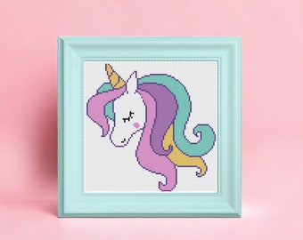 Puede incluir: Un patrón de punto de cruz de un unicornio con una crin y un cuerno rosa, morado y turquesa. El unicornio está enmarcado en un marco azul claro.