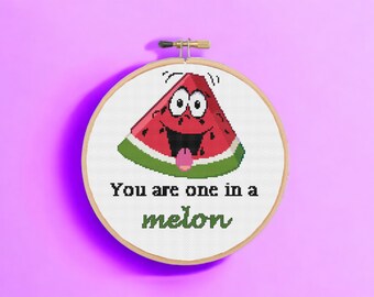 May include: A white embroidery hoop with a red and green watermelon with a smiling face and the text "You are one in a melon".