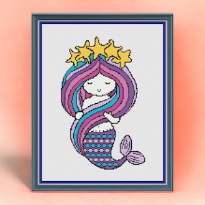 Patrón de punto de cruz de sirena PDF Gráfico de sirena Decoración de pared de sirena Arte de sirena Punto de cruz fácil Regalo para principiantes para una niña Decoración de sirena