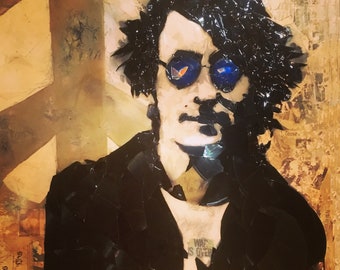 May include: Mixed media artwork portrait of a man wearing sunglasses and a black jacket. The artwork is created using pieces of vinyl records. The background features newspaper clippings and abstract shapes. The text "WAR IS OVER" is visible on the shirt.