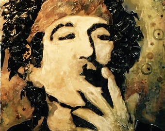 May include: Mixed media artwork of a person with closed eyes, touching their lips. The portrait features a light skin tone, with dark hair and a brown headband. The background has a yellow and brown color scheme with star and circle accents.