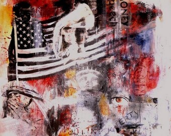 May include: Abstract mixed media artwork with a patriotic theme. The artwork features an American flag, figures, and text, with a color palette of red, white, black, and shades of brown. The words "IF MONEY IS SHELL" are visible.