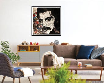 May include: A framed artwork featuring a black and white portrait with a mustache. The artwork is displayed above a brown sofa with blue pillows. A wooden cabinet with yellow accents and a patterned chair are also visible.