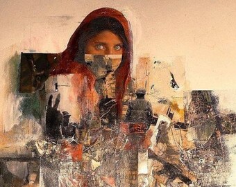 May include: An artistic painting featuring a woman with striking blue eyes, wearing a red head covering. The artwork incorporates fragmented imagery of soldiers and urban scenes, creating a layered, textured effect with a somber tone.
