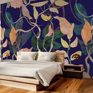 Dunkelviolette Tapete mit großen Blättern und Blumen, Tapete zum Abziehen und Aufkleben, abnehmbares Wandbild, selbstklebend