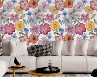 Colorful Floral Wallpaper with Watercolor Flowers, Floral Peel and Stick Wallpaper, Removable Wall Mural, Self Adhesive