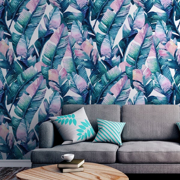 Light Watercolor Wallpaper with Blue and Violet Tropical Leaves, Wall Mural, Peel and Stick, Removable, Self Adhesive, Wall Decor