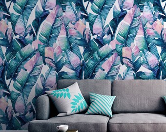 Light Watercolor Wallpaper with Blue and Violet Tropical Leaves, Wall Mural, Peel and Stick, Removable, Self Adhesive, Wall Decor