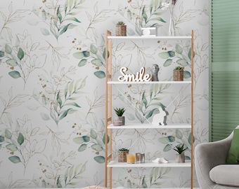 Beautiful Matte Light Green Wallpaper with Watercolor Leaves, Removable Wall Mural, Floral Peel and Stick, Self Adhesive, Wall Decor