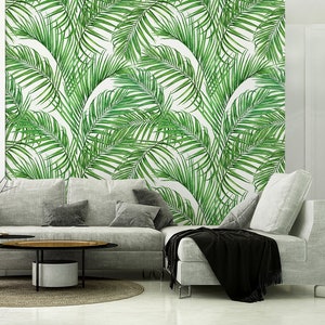 White Wallpaper with Exotic Palm Leaves, Tropical Peel and Stick, Wall Mural, Wallpaper, Self Adhesive, Wall Decor