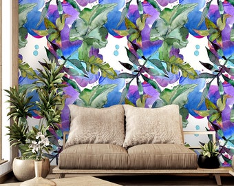 Wallapper con foglie tropicali dell'acquerello blu e viola con macchie di acquerello, carta da parati floreale a buccia e stick, decorazione murale, autoadesiva