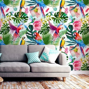 Bunte exotische Tapete mit Papageien, Blumen und tropischen Blättern, Wandbild zum Abziehen und Aufkleben, selbstklebende, abnehmbare Tapete