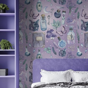 Carta da parati viola acquerello con motivo magico, decorazione murale, autoadesiva (stacca e incolla) o non autoadesiva (vinile/tradizionale)
