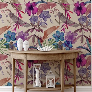 Tapete mit lila Blumen, blauer Orchidee und Blättern, floral, Peel-and-Stick-Tapete, abnehmbares Wandbild, selbstklebend, Wanddekoration