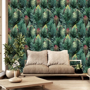 Dark Green Tropical Watercolor Wallpaper with Palm Leaves, Exotic Peel and Stick Wallpaper, Wall Mural, Self Adhesive