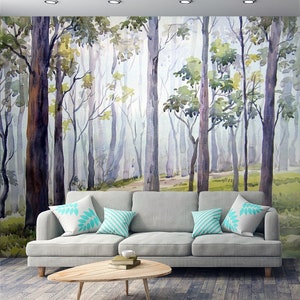 Watercolor wallpaper, Forest, Wall Mural, Removable Wallpaper, Self Adhesive, Peel and Stick, Wall Decor