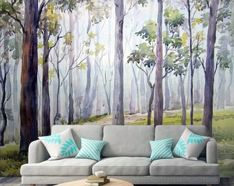 Watercolor wallpaper, Forest, Wall Mural, Removable Wallpaper, Self Adhesive, Peel and Stick, Wall Decor