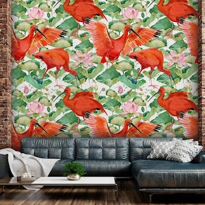 Green Leaves Wallpaper with Watercolor Red, Orange Birds, Peel and Stick, Wall Mural, Removable Wallpaper, Self Adhesive, Wall Decor