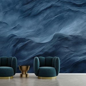 Blaue Aquarell-Tapete, modernes marineblaues Wellenkunst-Wandbild, Wandgemälde, abnehmbar, abziehen und aufkleben oder nicht selbstklebend (Vinyl), Wanddekoration