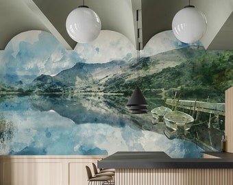 Watercolor wallpaper, landscape, mountain background, Wall Mural, Removable Wallpaper, Self Adhesive, Peel and Stick, Wall Decor