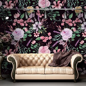 Papel pintado floral de acuarela oscura, con flores rosas y moradas, mural de pared floral, autoadhesivo