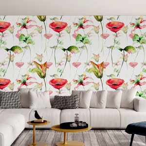 Light Watercolor Wallpaper with Red Poppy Flowers, Floral Peel and Stick Wall Mural, Self Adhesive