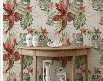 Tropical Watercolor Wallpaper with Monstera Leaves and Brown Plants, Peel and Stick,Removable Wall Mural, Self Adhesive, Wall Decor