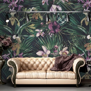 Exotic Dark Green Wallpaper, Tropical Palm Leaves and Purple Flowers, Floral, Jungle Wall Mural, Removable Wallpaper, Self Adhesive
