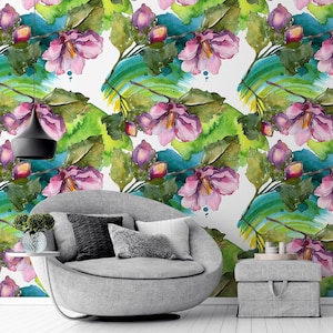 Green Floral Wallpaper with Watercolor Purple Flowers and Watercolor Stains, Floral Wall Mural, Removable Wallpaper, Self Adhesive