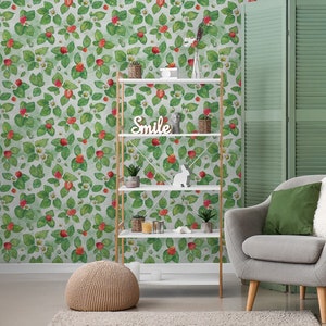 Carta da parati con foglie con motivo a fragole, decorazione murale ad acquerello, autoadesiva (stacca e incolla) o non autoadesiva (vinile/tradizionale)