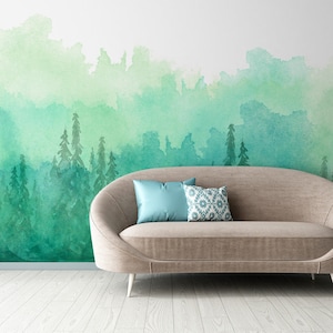 Watercolor trees wallpaper, green forest, landscape, Removable Wallpaper, Self Adhesive, Peel and Stick, Wall Decor
