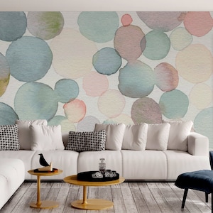 Carta da parati chiara con cerchi pastello ad acquerello, macchie di acquerello, decorazione murale, carta da parati rimovibile, autoadesiva, decorazione da parete